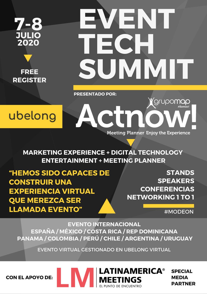meetlam_'s tweet photo. Presentamos #EventTechSummit, la 1ª edición de "Tecnología para eventos: Presenciales, Híbridos y Virtuales” mediante la alianza de Actnow! con Padcelona
Registrate gratis en:
https://t.co/coG5XUJptp
#ElPuntoDeEncuentro https://t.co/rbFUwRbcCx