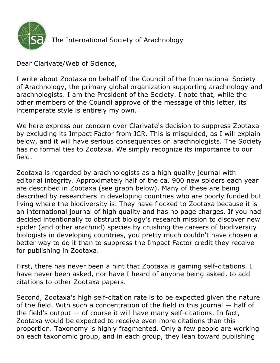ISArachnology's tweet photo. Letter from ISA president about exclusion of Zootaxa from JCR Impact Factor stats by @Clarivate/@webofscience https://t.co/feRTyxn8Ve