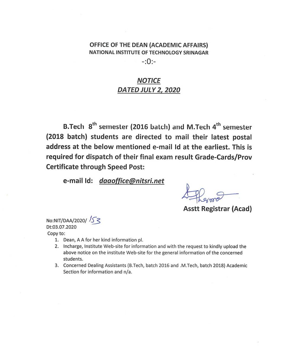 nitsriofficial's tweet photo. Mode and Modalities for End Semester- Spring 2020.

Final Semester students should mail their postal address to the Institute.

#nitsrioffical #nitsrinagar #srinagar #kashmir #JammuKashmir #HRDMinistry #COVID19 #Coronavirus #endsem #engineering #engineer #academics https://t.co/6zeoo0HCVJ