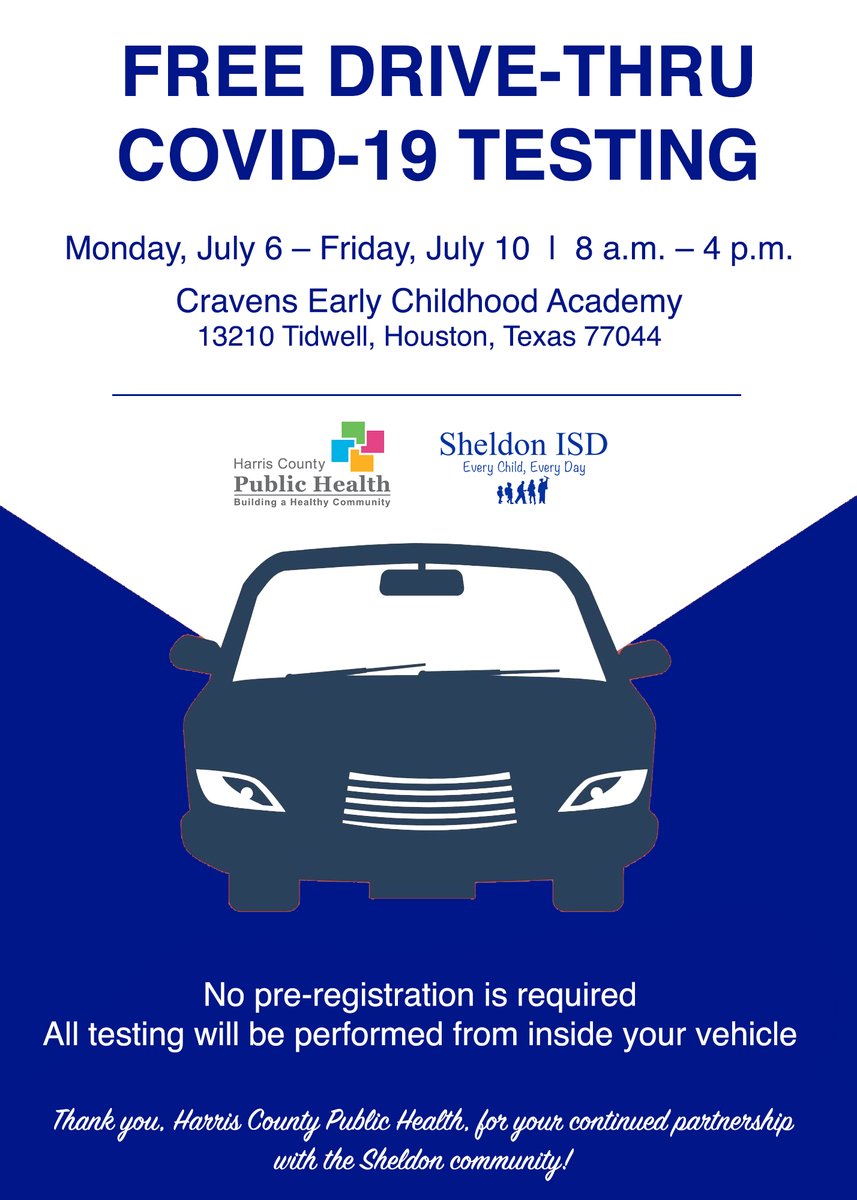 Sheldon Community:

Free Drive-Thru COVID-19 Testing July 6-10 at Cravens ECA (please see flyer for more details).