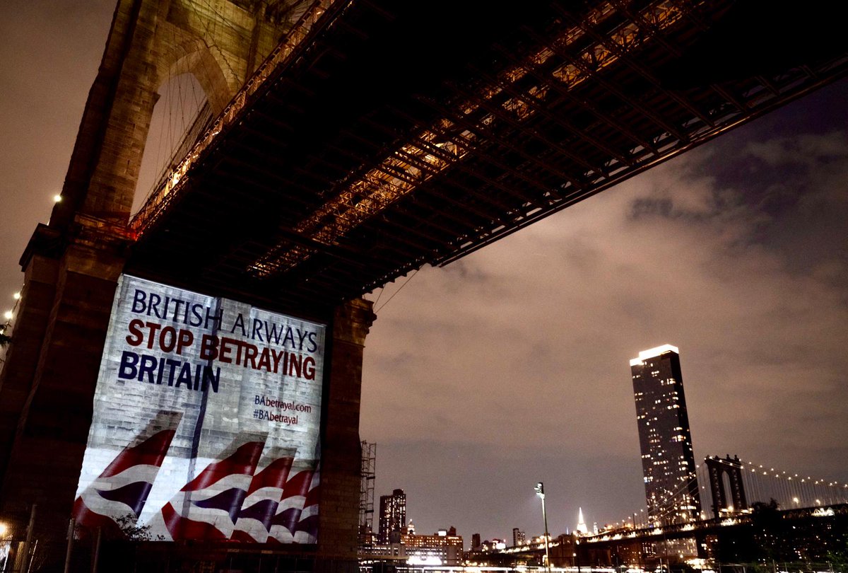 WorkerStrikeBck's tweet photo. Brooklyn Bridge crosses the East River in NY. @British_Airways has crossed the Rubicon in attacking its own staff. Make sure Willie Walsh &amp; the BA Board hear us say STOP THE BETRAYAL #BAdApple https://t.co/ur0Hn5BAzn