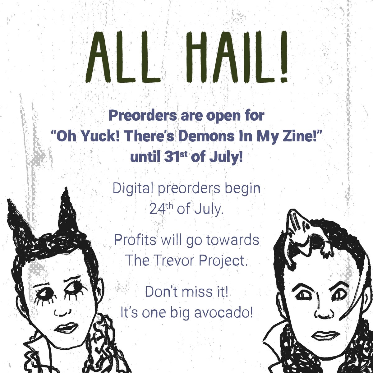 oh_yuck's tweet photo. THE TIME IS NIGH!

Pre-Orders for Oh Yuck! There's Demons In My Zine! is here! We have 2 physical tiers for the zine, including Book, Postcards (ohoho!) and special limited edition Demon Inspired Jewelry! PDF-Digital-Only pre-orders will post July 24th! 
https://t.co/UUHj5s4nyz https://t.co/0UDLvI3taO