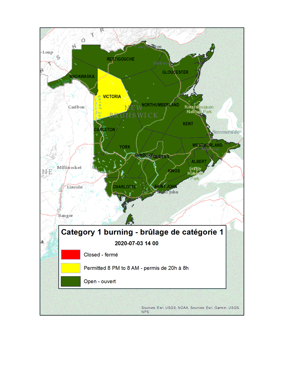feudeforetnb's tweet photo. Les conditions de brûlage sont valides de quatorze (1400) heures le 3 juillet à quatorze (1400) heures le 4 juillet.

 Entre 2000 heures et 0800 heures le brûlage est autorisé dans  les comtés suivants :  Victoria

 Tous les autres comtés sont ouverts pour le brûlage. https://t.co/36HaEqWODh