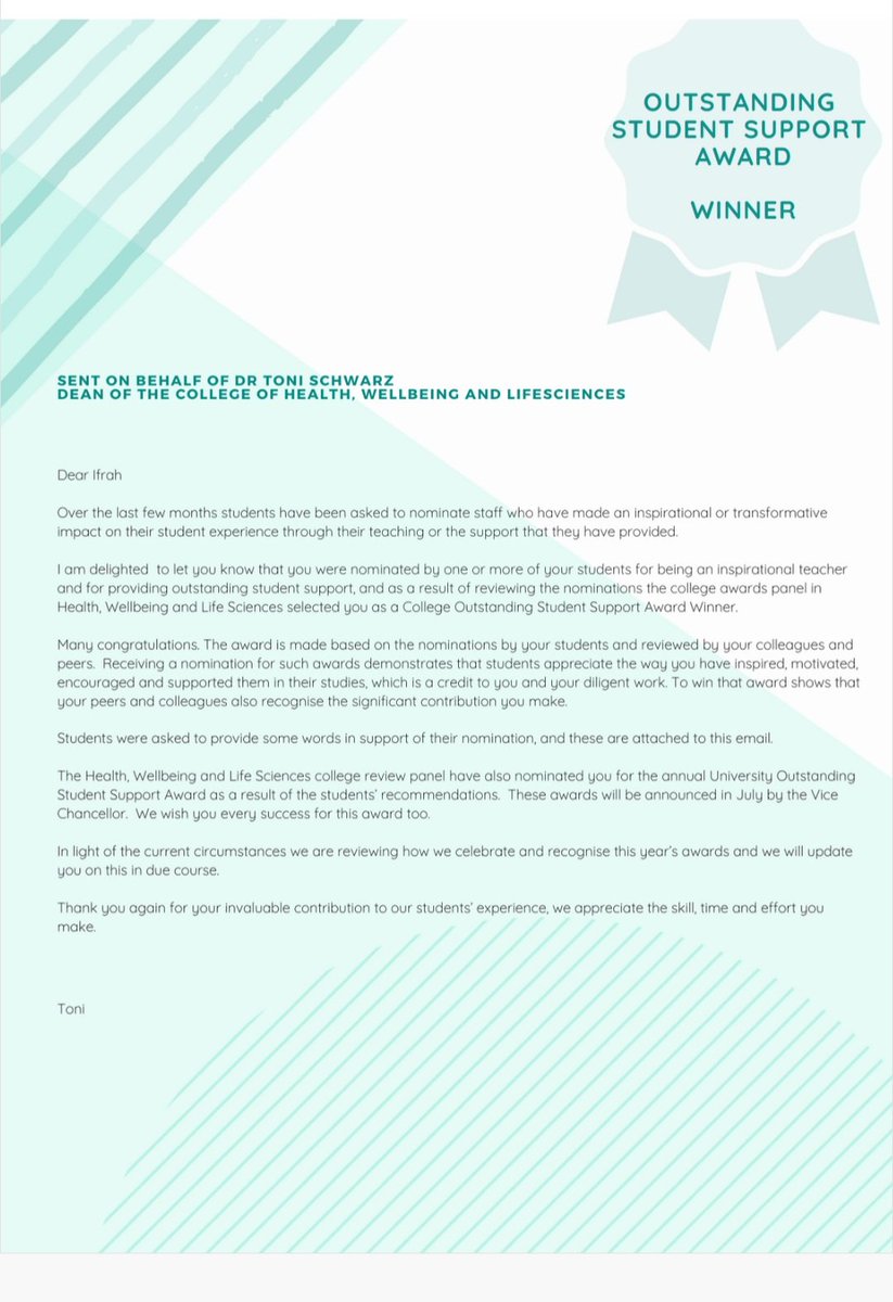 IfrahSalih's tweet photo. Thank you to the several students that have nominated me for this award which I have won! Cheered me up no end when I read the nomination comments! Glad to see the work I do makes such a difference to the student experience! @minoritised @ShuAdultNursing https://t.co/78Uns7Y99B
