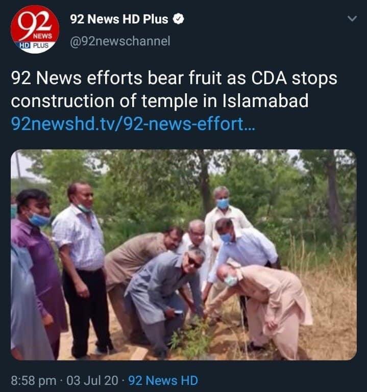iambhevishk's tweet photo. CDA stops construction of temple in Islamabad and this is how a so called reputed channel glorifies and celebrates it. 
Shame on 92 news for promoting hatred, must be boycotted for hurting sentiments of oppressed Hindu community in Pakistan.

#Shameon92news #MandirTauBanega https://t.co/OPG5OOgfsI