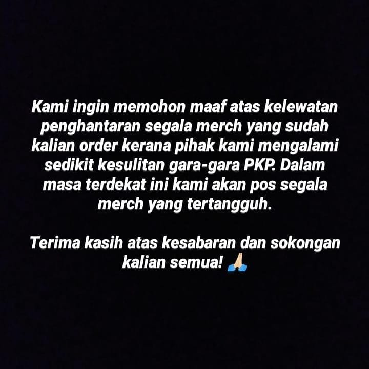 weareSOG's tweet photo. Kami ingin memohon maaf atas kelewatan penghantaran segala merch yang sudah kalian order kerana pihak kami mengalami sedikit kesulitan gara-gara PKP. Dalam masa terdekat ini kami akan pos segala merch yang tertangguh.

Terima kasih atas kesabaran dan sokongan kalian semua! 🙏🏻 https://t.co/LHwta2sT0N