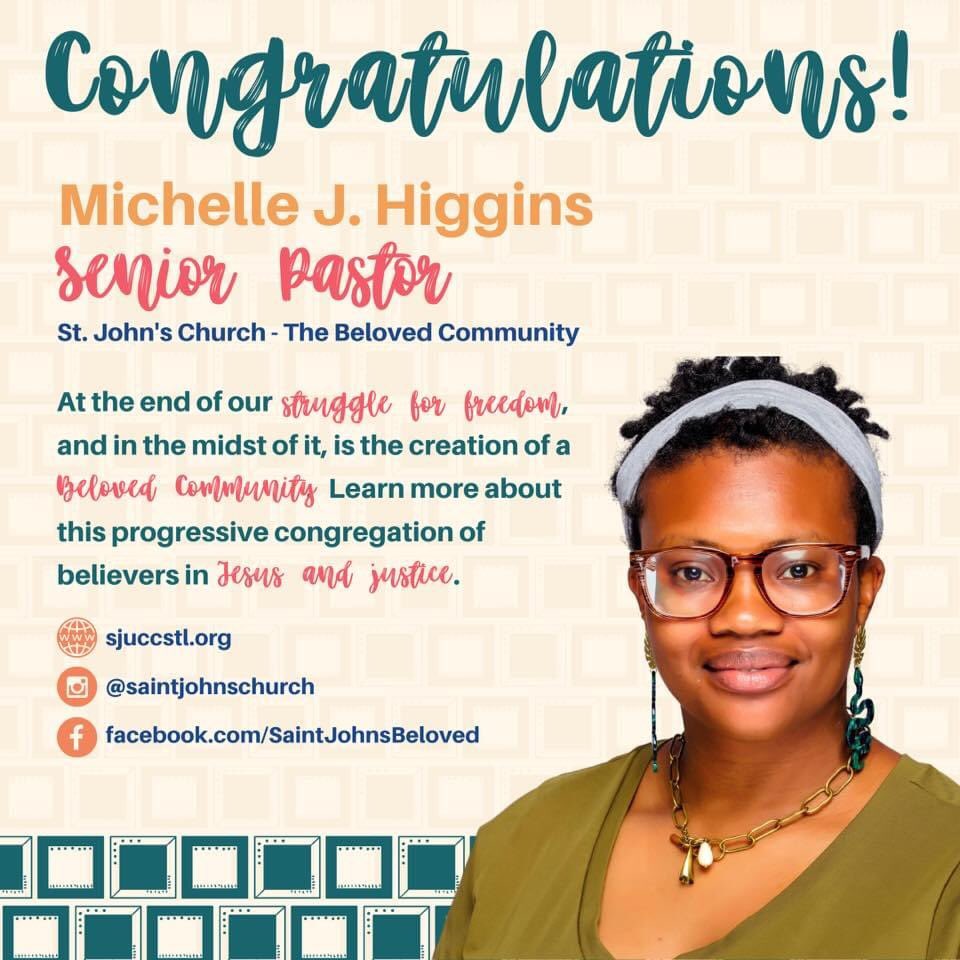 SJUCCstl's tweet photo. Please join us in welcoming our new Senior Pastor, Reverend Michelle Higgins, as she begins ministry at the corner of Grand &amp; Lee! @AfroRising @SJUCCstl https://t.co/P4J7IcMtob