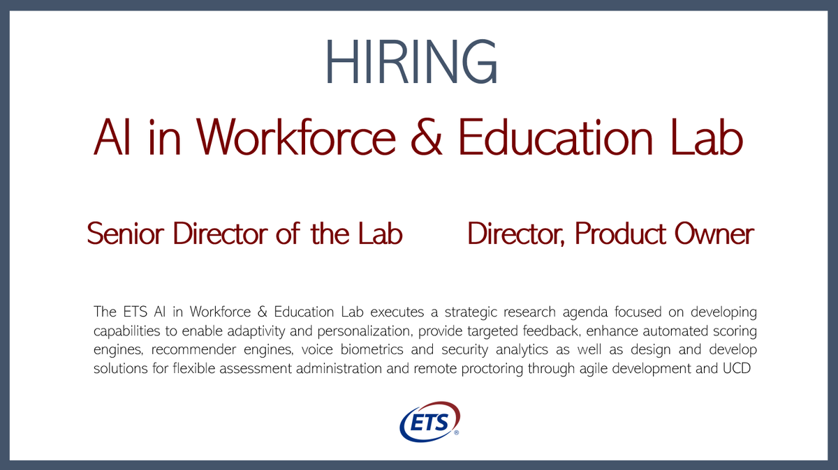 karamcwilliams's tweet photo. @ETSresearch is appointing a Senior Director of #AI to the leadership team of our inaugural #ResearchLabs - check out the posting! https://t.co/uk8JxGbYuC
#machinelearning #deeplearning #personalizedlearning #scoringengines #recommenderengines #hiring #jobopening #applynow https://t.co/Q1sKMoPUMB