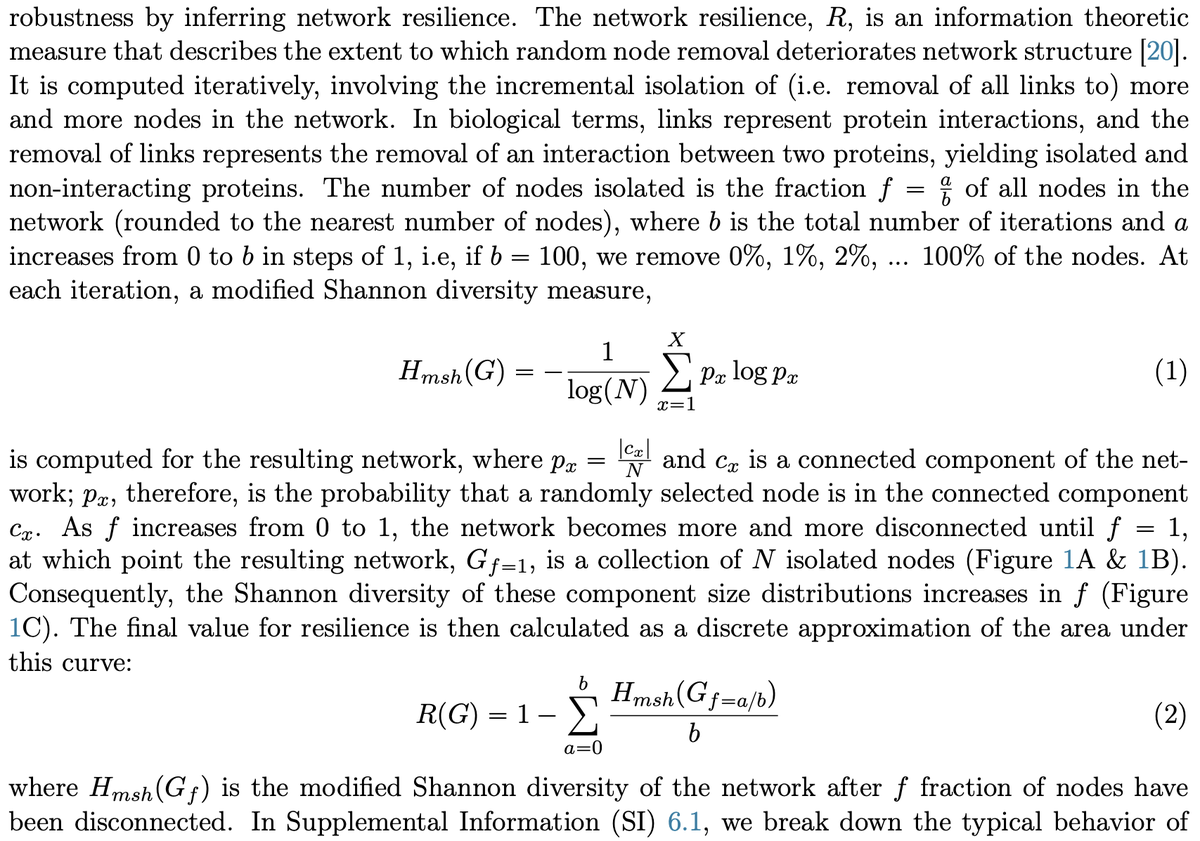 Some deets:We got the idea of network "resilience" from a great paper ( https://www.pnas.org/content/116/10/4426) by  @marinkazitnik and co.It's basically the entropy of the component sizes distrib as you iteratively disconnect more nodes(sidenote this certainly could be called robustness) 1/