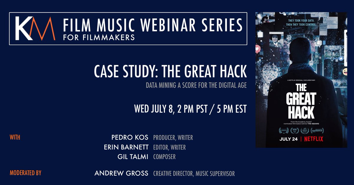 Join us Wed July 8 for our next CASE STUDY: Netflix's <a href="/thegreathackdoc/">The Great Hack Film</a>: Data Mining a Score for the Digital Age. With Producer/Writer Pedro Kos, Editor/Writer Erin Barnett &amp; Composer Gil Talmi. Tix are  FREE but LIMITED: konsonant.live/webinar05 #Documentary #filmscore #soundtrack
