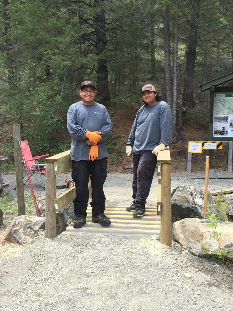 ChiefIsadoreTr's tweet photo. New cattle-guard installed. We thank RSTBC's Lisa Cox for providing materials and an indigenous work crew for the initiative.  Supervised by @TrailsBC 's Neil Shuttleworth, Dean and Will did a great job on the project while  having to deal with the pesky mosquitoes. https://t.co/dVVNm9PmSL