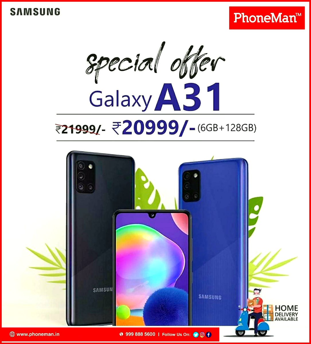 ThinkPhoneMan's tweet photo. "Samsung Galaxy A31 Special Offer"

Rs. 20,999/- (6GB + 128 GB)

#PhoneMan 
#ThinkMobileThinkPhoneMan 🏪 https://t.co/5W00CC9xfx