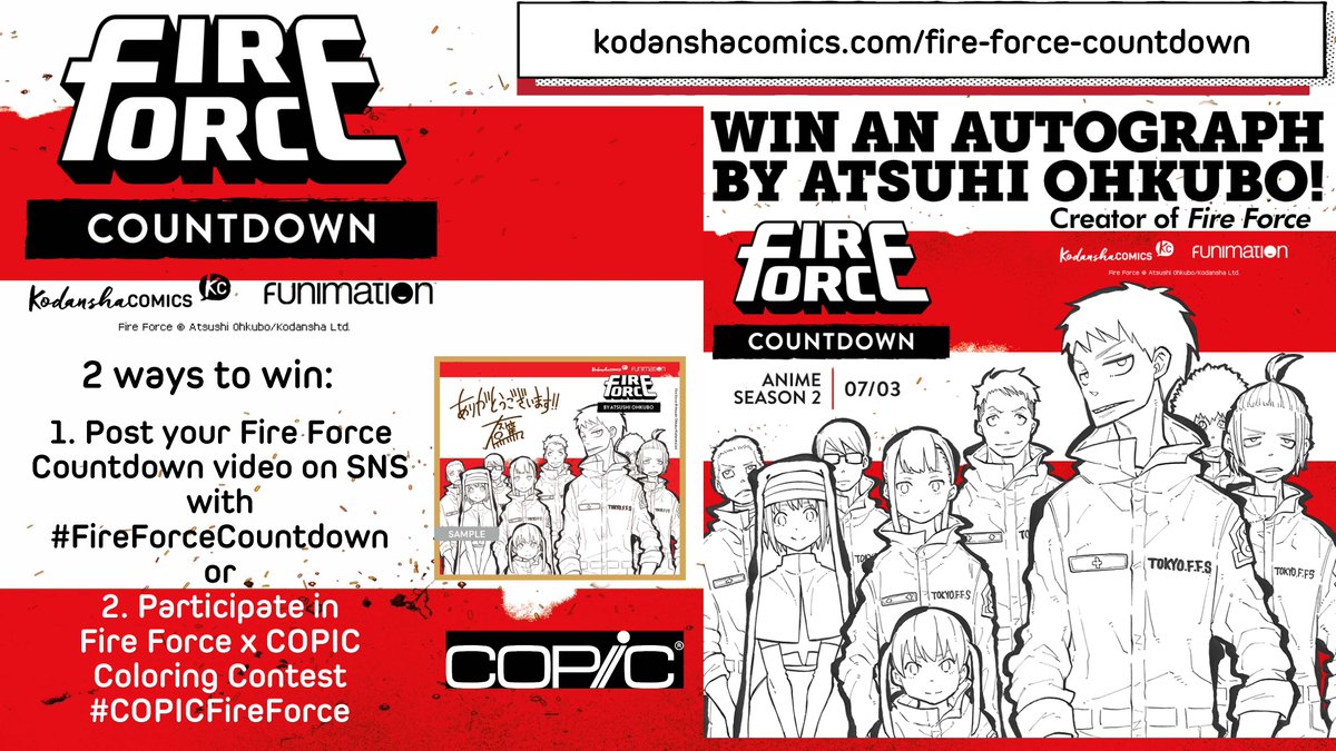KodanshaManga's tweet photo. LAST CHANCE! Enter for a chance to win @Atsushi_Ohkubo autograph in 2 ways:
1. Upload your pic on #FireForceCountdown Wall
2. Enter #COPIC_FireForce Coloring Contest
Details: https://t.co/7aMf717PZQ
(Ends 7/4)
@FireForceAnime @FUNimation @CopicOfficialUS https://t.co/PdRxaZ6R9z