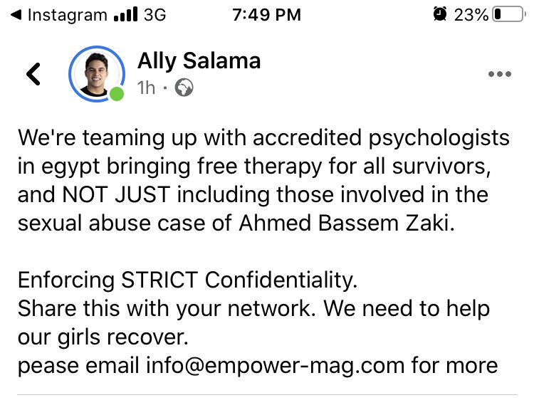malakadessouki's tweet photo. PLEASE SHARE WITH ANYONE WHO MAY NEED IT: @allysalama and @EMPWRMAG are teaming up with Egypt’s top psychologists to offer free sessions for ANY sexual assault victims. More details to come tomorrow - stay updated on IG (@allysalama) Bec NOBODY deserves to live with such a burden https://t.co/q7zMltWSSO