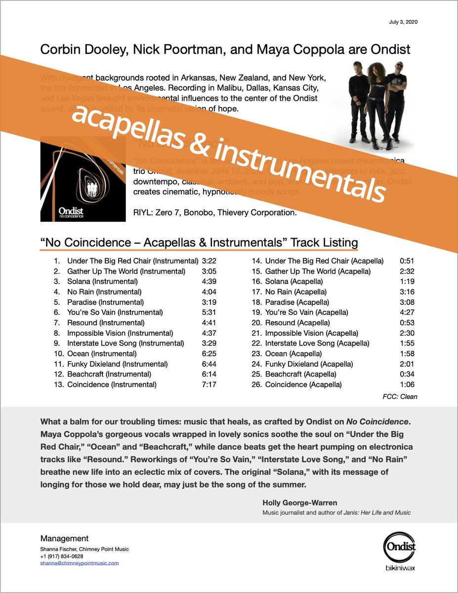 Corbin Dooley (@corbindooley) on Twitter photo For our DJ friends, the "Acapellas & Instrumentals" companion piece of our <a href="/OndistMusic/">Ondist Music</a> "No Coincidence" album is released today on all platforms : ditto.fm/no-coincidence… For our DJ friends, the "Acapellas & Instrumentals" companion piece of our <a href="/OndistMusic/">Ondist Music</a> "No Coincidence" album is released today on all platforms : ditto.fm/no-coincidence…