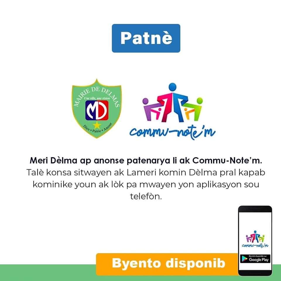 CommuNotem's tweet photo. @CommuNotem ap anonse patenarya li ak @MdeDelmas.
Talè konsa sitwayen ak Lameri komin Dèlma pral kapab kominike youn ak lòt pa mwayen yon aplikasyon sou telefòn.
#Patnè
#Aplikasyon
#communotem
#Meridèlma https://t.co/UPJa50PLHq