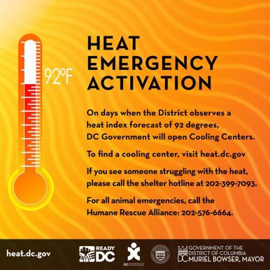 dcmoapia's tweet photo. (7/3) A Heat Emergency has been issued for the District of Columbia. Heat index of 96 degrees is expected. Visit https://t.co/UwGZc12Ujc… to find a cooling center near you. Find tips to beat the heat at https://t.co/hlAsHZEuHm. #StayCoolDC https://t.co/DBpwjoItHY