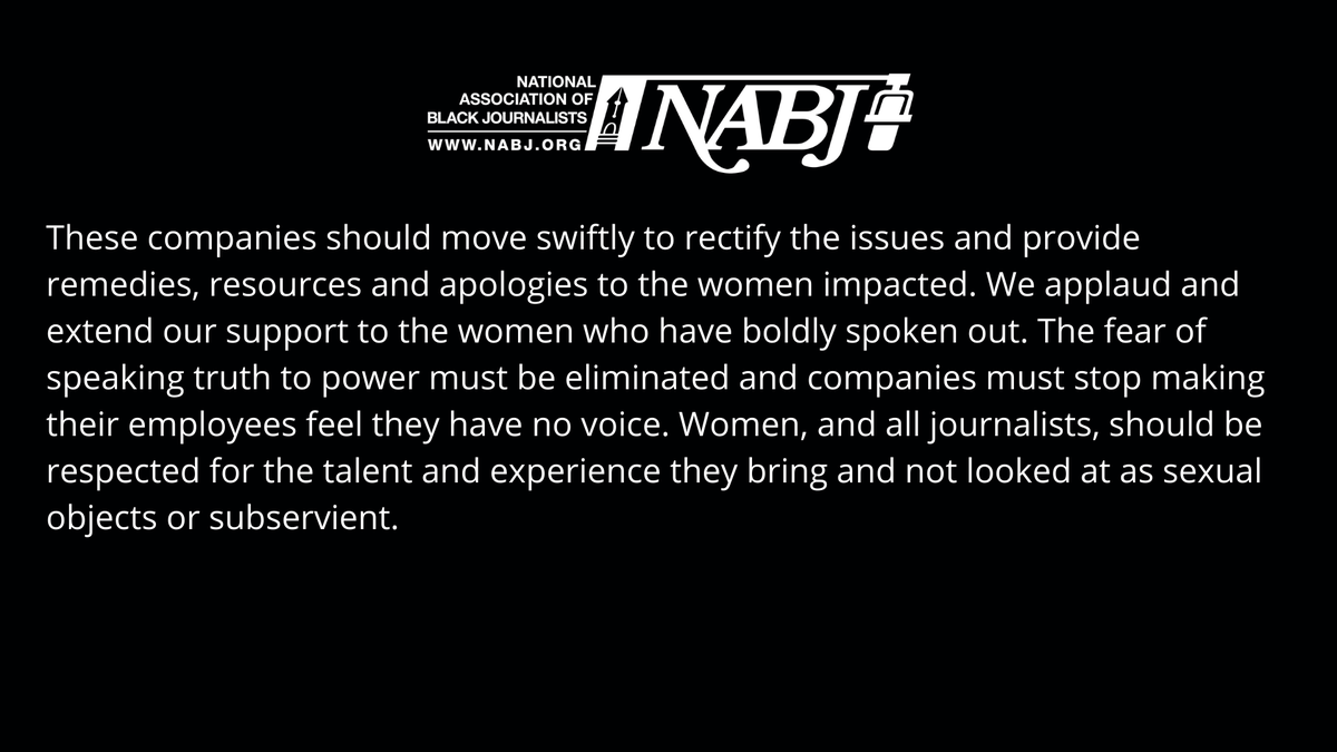 NABJ's tweet photo. We're disheartened about allegations of sexual harassment &amp; misconduct at @ESSENCE, @okayplayer, @OkayAfrica. They must move swiftly to rectify the issues &amp; provide remedies, resources, apologies to the women impacted. Change must happen now!  More: https://t.co/ploopNjgb8 https://t.co/Xkj5XSq9Uy