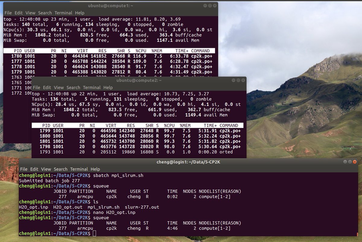 4SPQutXMsAXsPzJ's tweet image. my homemade HPC Powered by Arm Raspberry Pi. 1 login node, 2 computing nodes and 1 storage node( my desktop). Two screenshots running gromacs and CP2K.