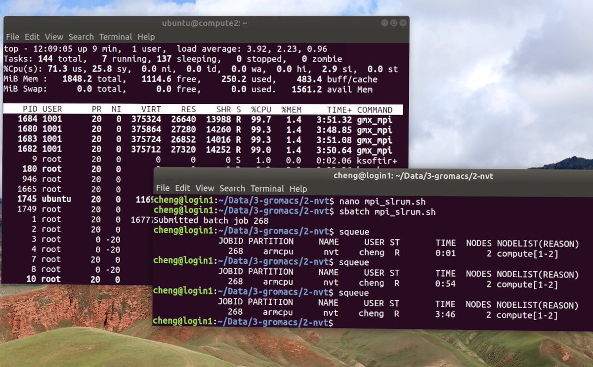 4SPQutXMsAXsPzJ's tweet image. my homemade HPC Powered by Arm Raspberry Pi. 1 login node, 2 computing nodes and 1 storage node( my desktop). Two screenshots running gromacs and CP2K.