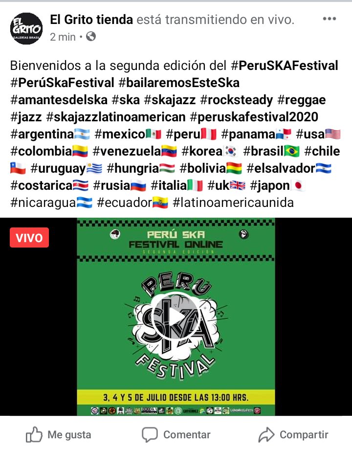 Estamos transmitiendo #envivo desde #FacebookLive el #PeruSkaFestival puedes seguirnos desde este enlace: cutt.ly/VoxNSZy