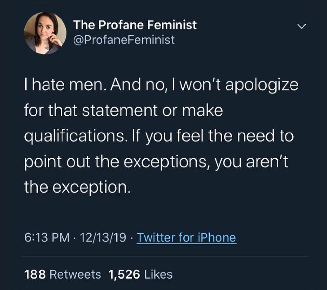 If feminists would callout out the men hating feminists within their movement instead of saying people who hate men can't be feminists, that'd be great.