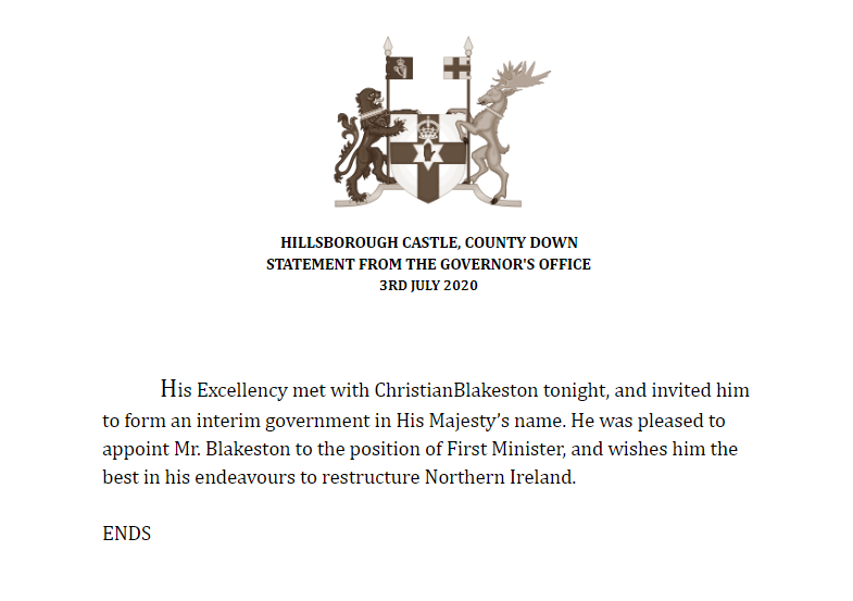 NI_RBX's tweet photo. In a private audience with His Excellency, ChristianBlakeston was invited to form an interim government, taking up the position of First Minister of Northern Ireland. https://t.co/r04W3OXsKd