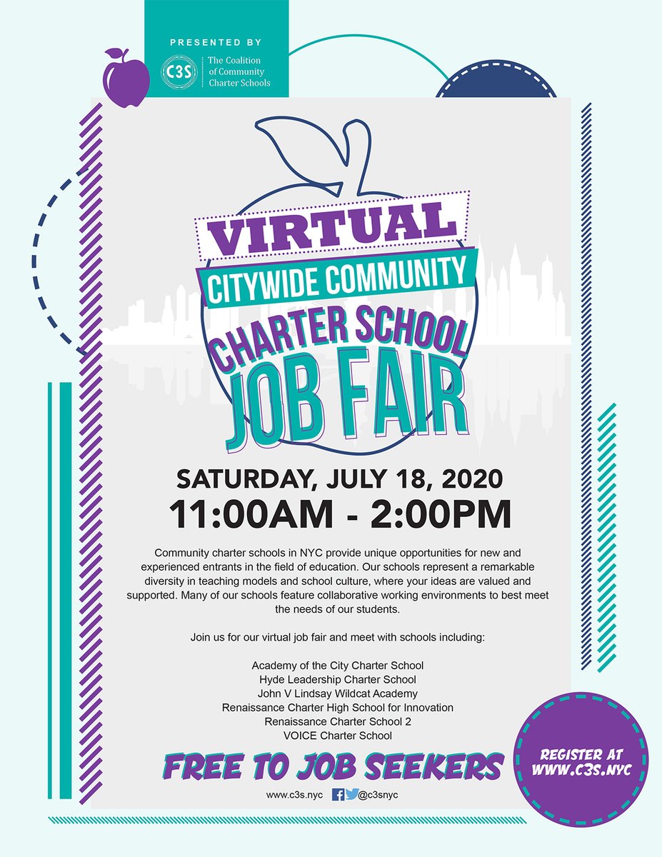 Don't forget! Registration for our virtual #jobfair ends July 6th. If you are seeking a position at any of our community charter schools, please join us! c3s.nyc/job-fair #edchat #charterschools #careerfair #education #teachers