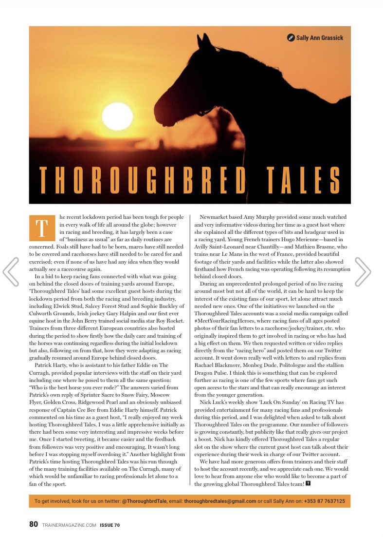 sagrassick's tweet photo. I always love when latest issue of @trainer_mag arrives in my inbox and even more so now with their regular feature on the exploits of @ThoroughbrdTale 
I enjoy looking back on our excellent recent guest hosts, without them this project wouldn’t be possible #ThoroughbredTales https://t.co/tkMI7Y0oHm