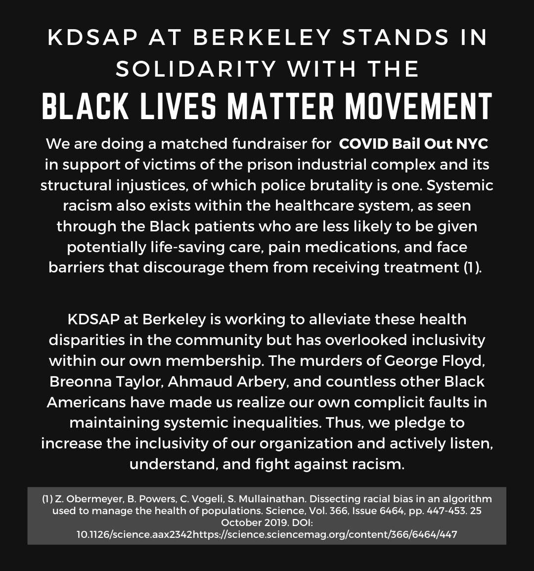berkeleykdsap's tweet photo. KDSAP Berkeley stands together with the victims of police brutality, oppression, and marginalization due to their skin color, and those who have taken to the streets to protest for justice. As an organization, we have realized our own faults in perpetuating systemic (1/2) https://t.co/enYHDo72lz