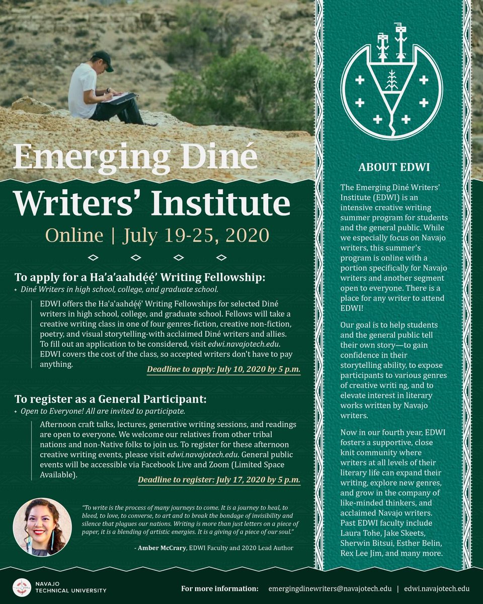 wardslitmag's tweet image. Hear ye! Fellowships available for Diné writers. Registration open to all Native and non-Native writers. Held online, deadlines 7/10 for fellowship and 7/17 to sign up 📝edwi.navajotech.edu