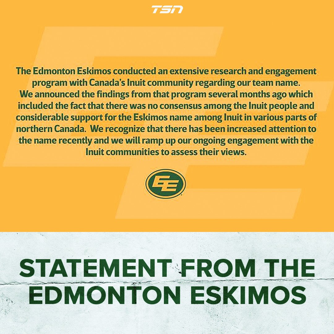 The Edmonton Eskimos release a statement on a potential name change.
