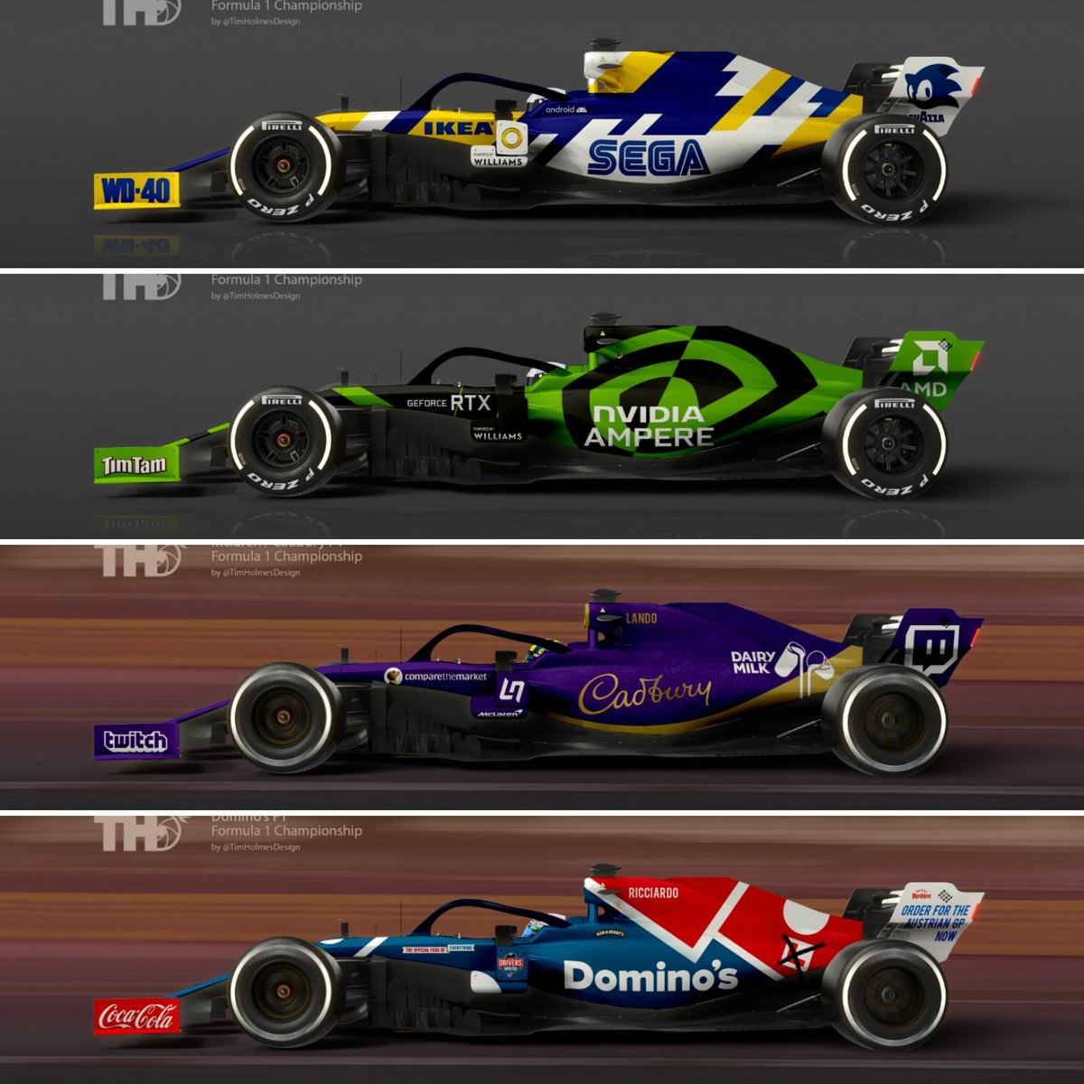 timholmesdesign's tweet photo. Comment with 3 random brands you want to see in F1... Go, Go, Go...

Here are my last 7 #randomteamchallenge livery designs... #f1 #formula1 #liverydesign https://t.co/TH97N5FQTJ
