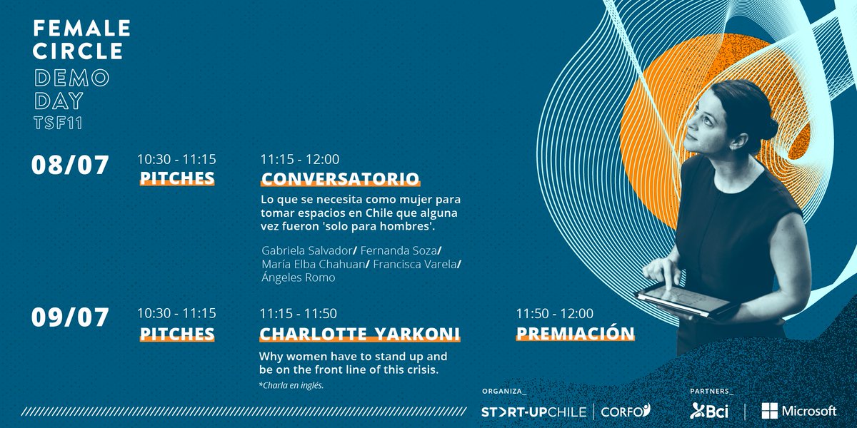 Corfo's tweet photo. La próxima semana @startup_chile realizará el #FemaleCircle, dos jornadas que reúnen a poderosas mujeres del mundo del emprendimiento y la innovación, junto al Demo Day de la última generación de #TheSFactory 👩💻 En los próximos días daremos a conocer el link de inscripción 👀 https://t.co/kUMjXurqTx