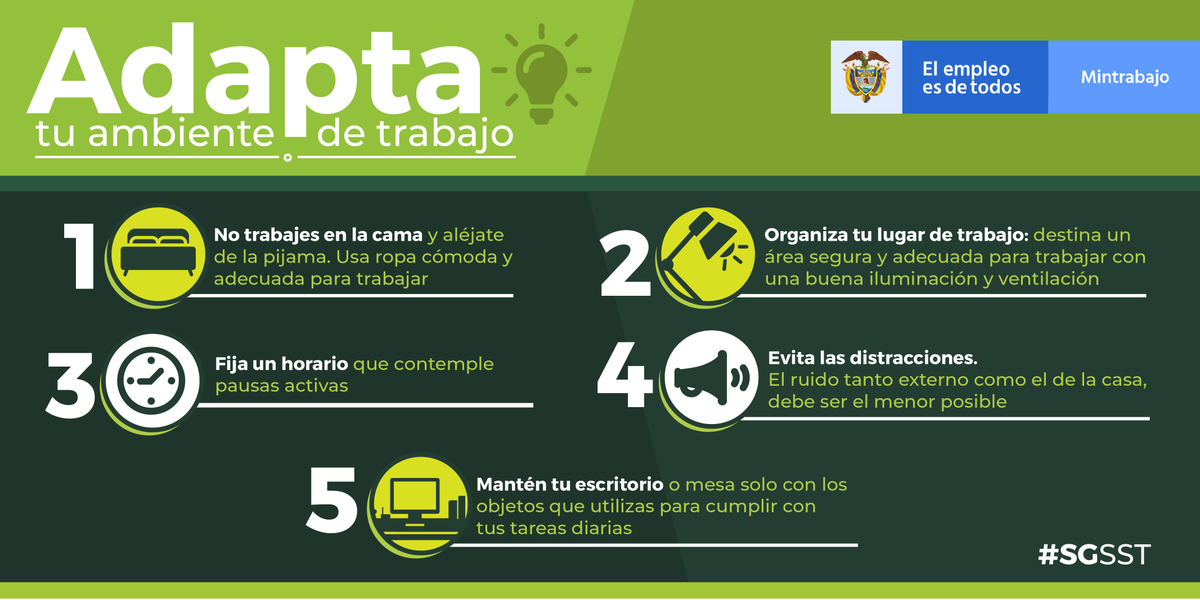 MintrabajoCol's tweet photo. #SGSST | Durante estos días de trabajo en casa debido a la emergencia sanitaria por Covid-19, es importante adaptar el ambiente laboral, disponiendo de un espacio adecuado y que cuente con los elementos que garanticen un #TrabajoSeguroYSaludable. https://t.co/Dvbp7WyaHl