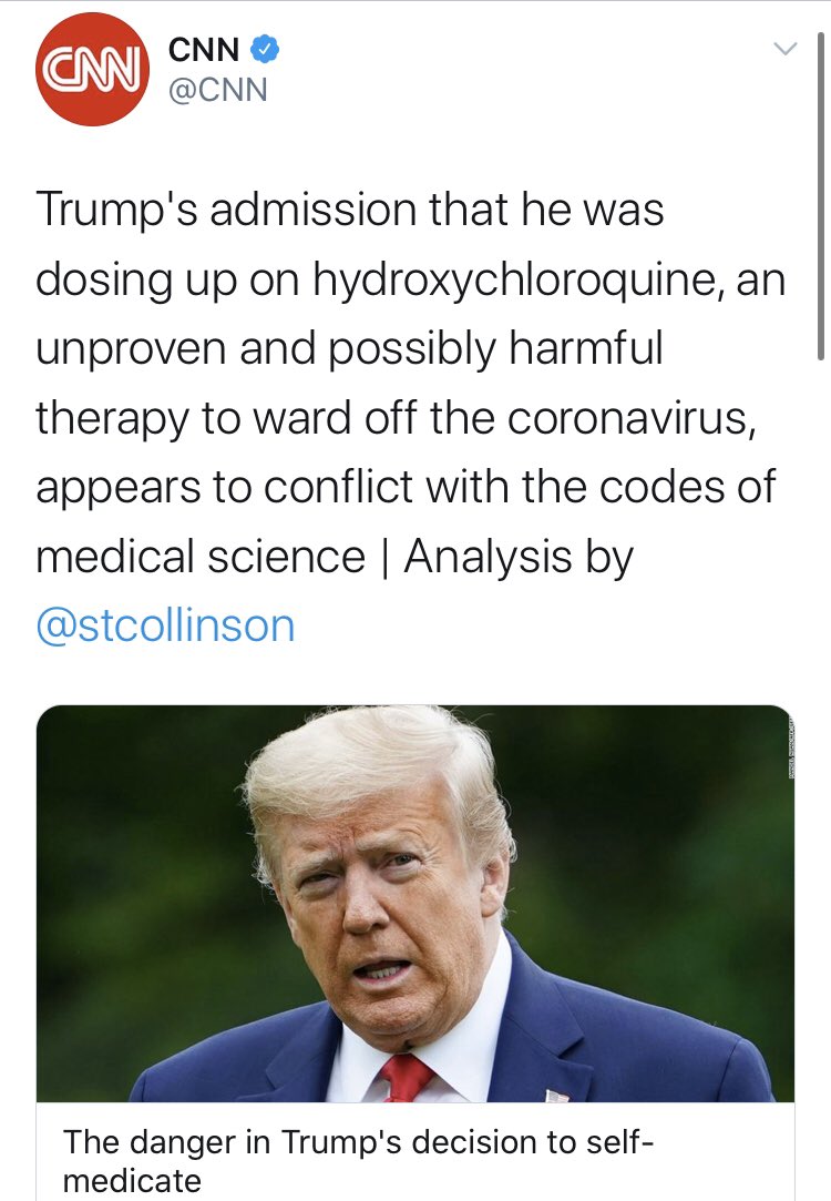 THREADThe only reason today’s news about hydroxychloroquine is so “surprising” is that the media spent months telling us it was deadly to score points against Trump.Amazing that  @CNN is only interested in tying hydroxychloroquine to  @realDonaldTrump when it doesn’t work.