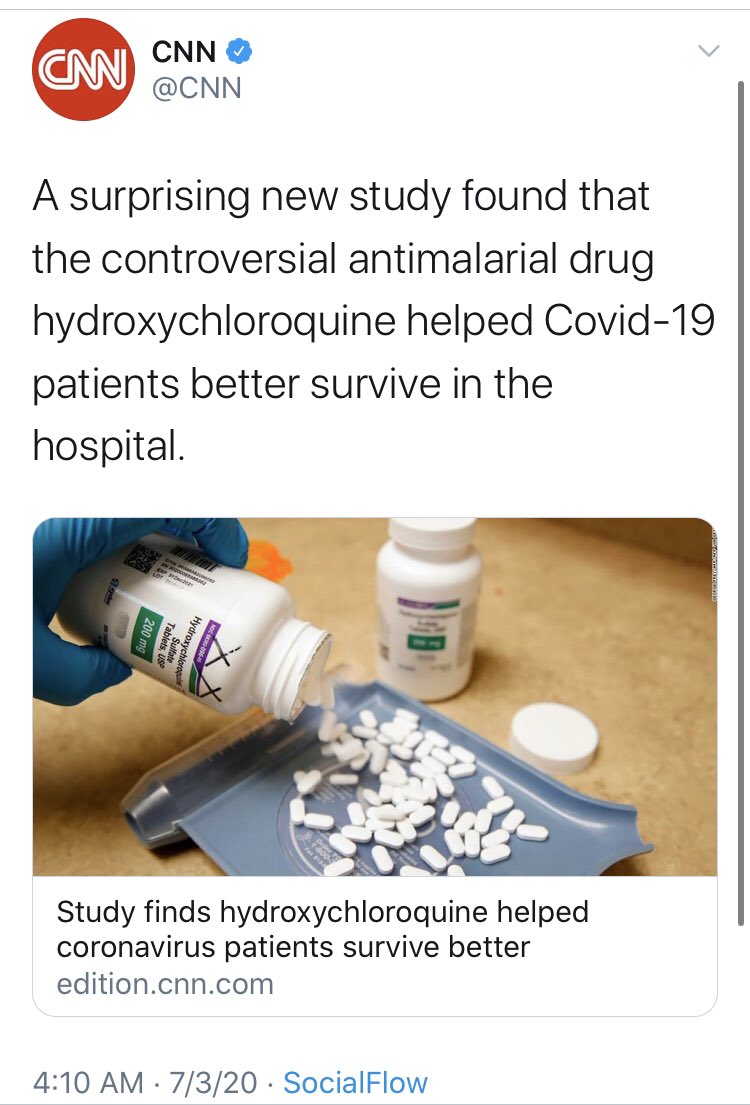 THREADThe only reason today’s news about hydroxychloroquine is so “surprising” is that the media spent months telling us it was deadly to score points against Trump.Amazing that  @CNN is only interested in tying hydroxychloroquine to  @realDonaldTrump when it doesn’t work.