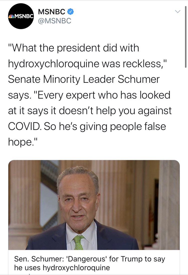 But perhaps the man with the most egg on his face here is  @chuckschumer. “Don’t take it. It doesn’t work.” is a direct quote that...hasn’t aged well.