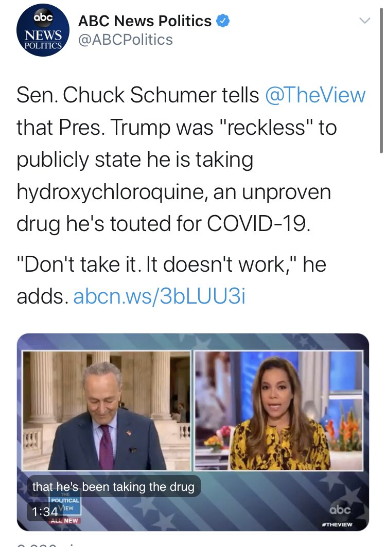 But perhaps the man with the most egg on his face here is  @chuckschumer. “Don’t take it. It doesn’t work.” is a direct quote that...hasn’t aged well.