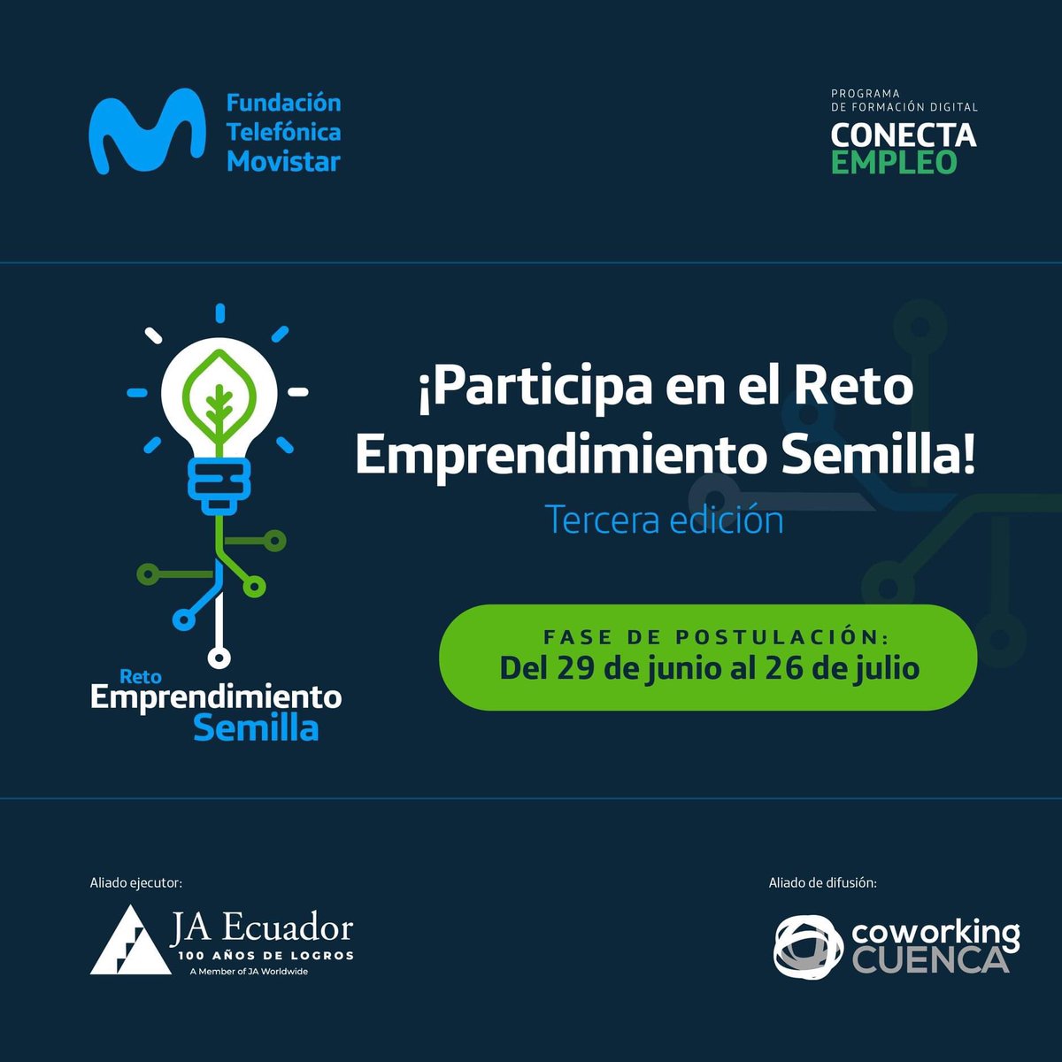 CoWorkingCuenca's tweet photo. @fundaciontef_ec y @jaecuador te invitan a formar parte del “Reto Emprendimiento Semilla” una iniciativa para fomentar ecosistema de emprendimiento tecnológico del país.

Participa con una idea o prototipo de solución post pandemia aquí: https://t.co/GVwhw0RDAD
#ConectaEmpleo https://t.co/SlcVdNxJ7n