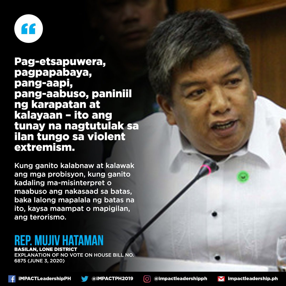 READ: Lanao Del Sur Rep. Yasser Alonto Balindong (Majority), Bayan Muna Rep.  @EufemiaCullamat (Minority), and Basilan Rep.  @HatamanMujiv (Majority) explanation of no vote on the Anti-Terrorism Bill. #JunkTerrorLaw