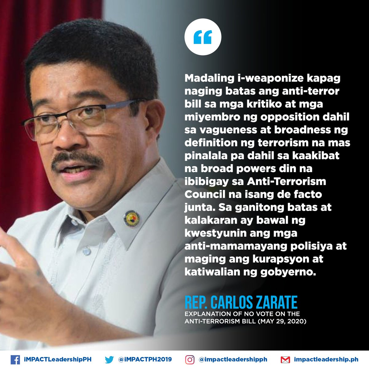 READ: Cagayan De Oro City  @RepRufus Rodriguez (Majority), Anak Mindanao Rep. Amihilda Sangcopan (Majority), and Bayan Muna Rep.  @kaloi_zarate (Minority) explanation of no vote on the Anti-Terrorism Bill. #JunkTerrorLaw