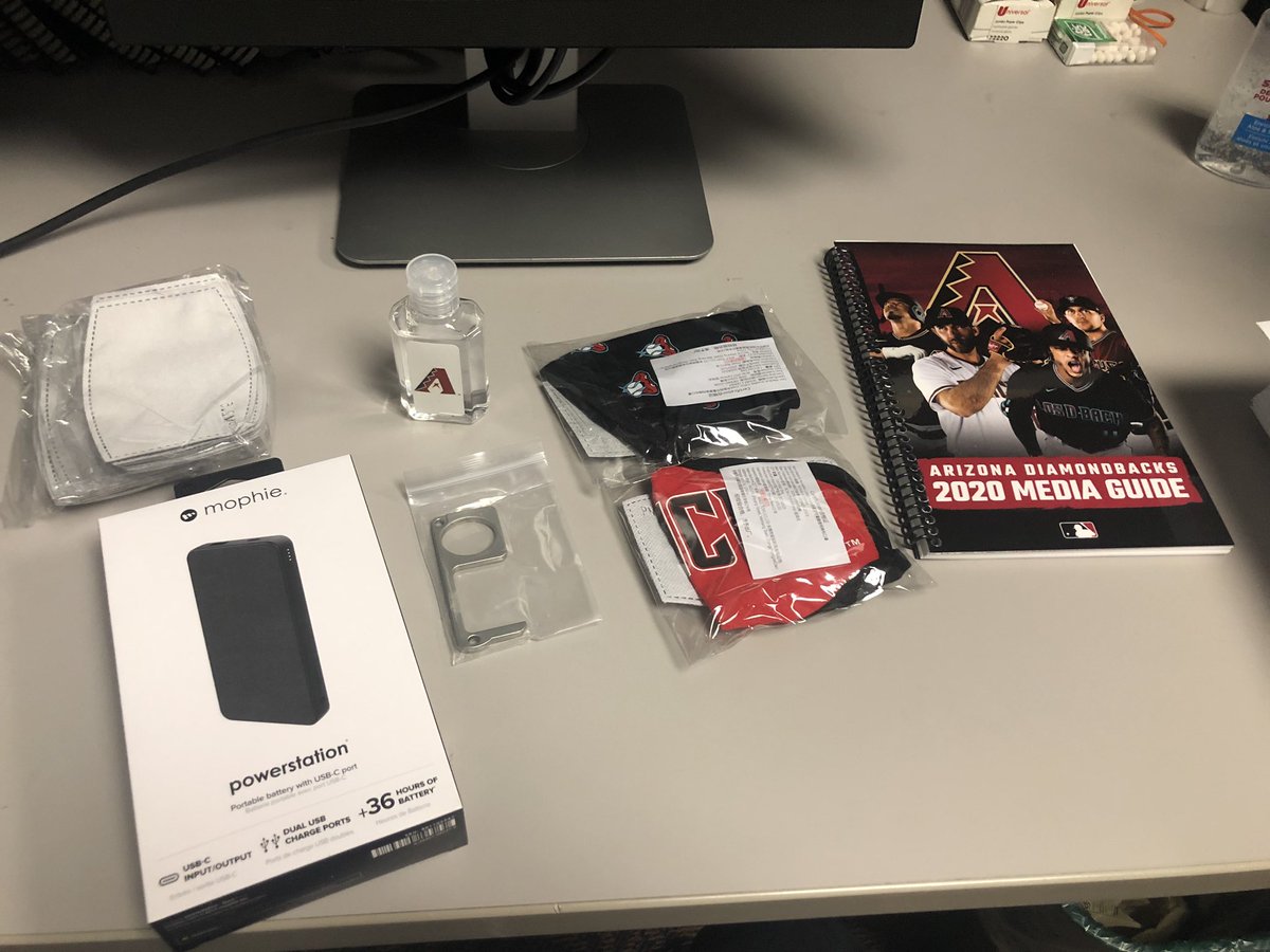 HOFprez's tweet photo. Our @Dbacks welcome back kits include masks, refillable sanitizer, an all-purpose tool for pushing buttons &amp; more. Press box is spaced out for the limited media coming on site. Proud of our crew for the work that’s gone into getting to this day. #DbacksSummerCamp https://t.co/iuIqvh3LUj