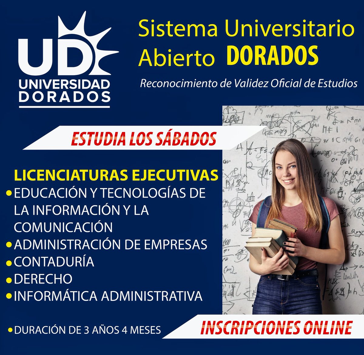 Uni_Dorados's tweet photo. Sigue con tu vida profesional 🖥️📝📔🖊️📂📈📊 !Trabaja y estudia al mismo tiempo! En Universidad Dorados te ofrecemos 5 Licenciaturas ejecutivas, cursando sólo los sábados 😀👍 Inscríbete Online, pregunta como mandando un inbox. https://t.co/gnkKGjm2V7