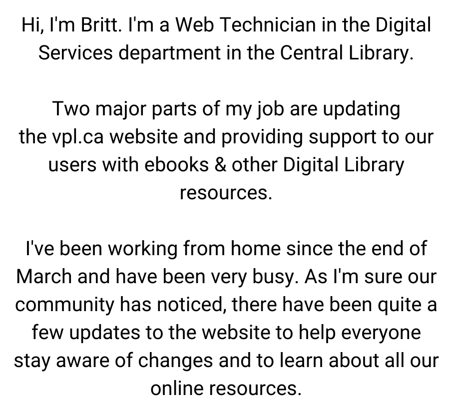 CUPE391's tweet photo. We are sharing messages from our CUPE 391 members who want to let you know what they’ve missed most about working at Vancouver Public Library.
Today, meet Britt!
#wemissourlibrariestoo #vancouver #vancouverpubliclibrary #VPL #vanpoli #librarytwitter #vanlab #onlylibrariescan https://t.co/cwIpcOHevH