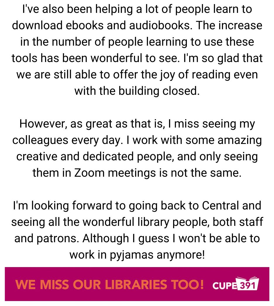 CUPE391's tweet photo. We are sharing messages from our CUPE 391 members who want to let you know what they’ve missed most about working at Vancouver Public Library.
Today, meet Britt!
#wemissourlibrariestoo #vancouver #vancouverpubliclibrary #VPL #vanpoli #librarytwitter #vanlab #onlylibrariescan https://t.co/cwIpcOHevH