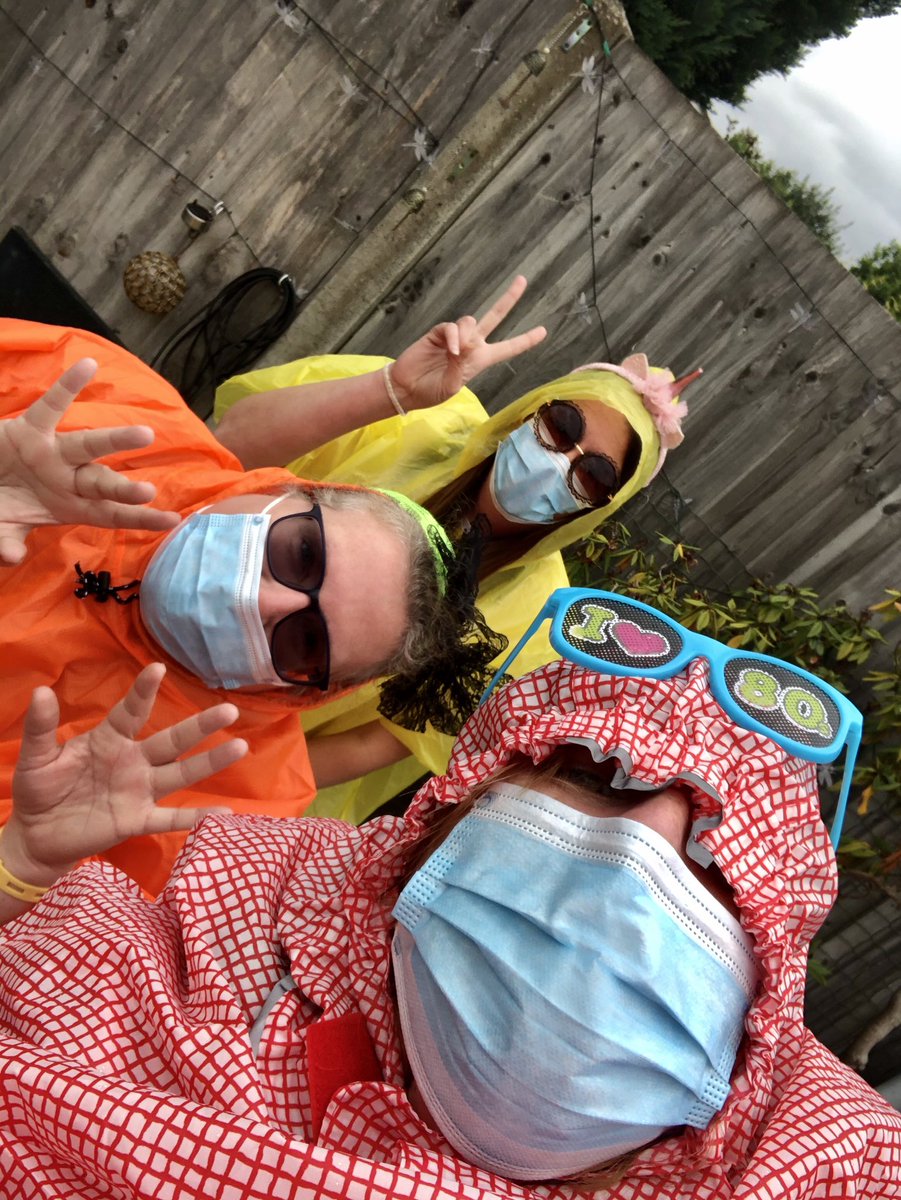 fosh's tweet photo. @patsharp @DaveBensonPhill  living our best life in the rain, social distance, masks, prosecco, superman, ooops up,missing you all@so much ! # isolate ! https://t.co/wGRc63NHZ7