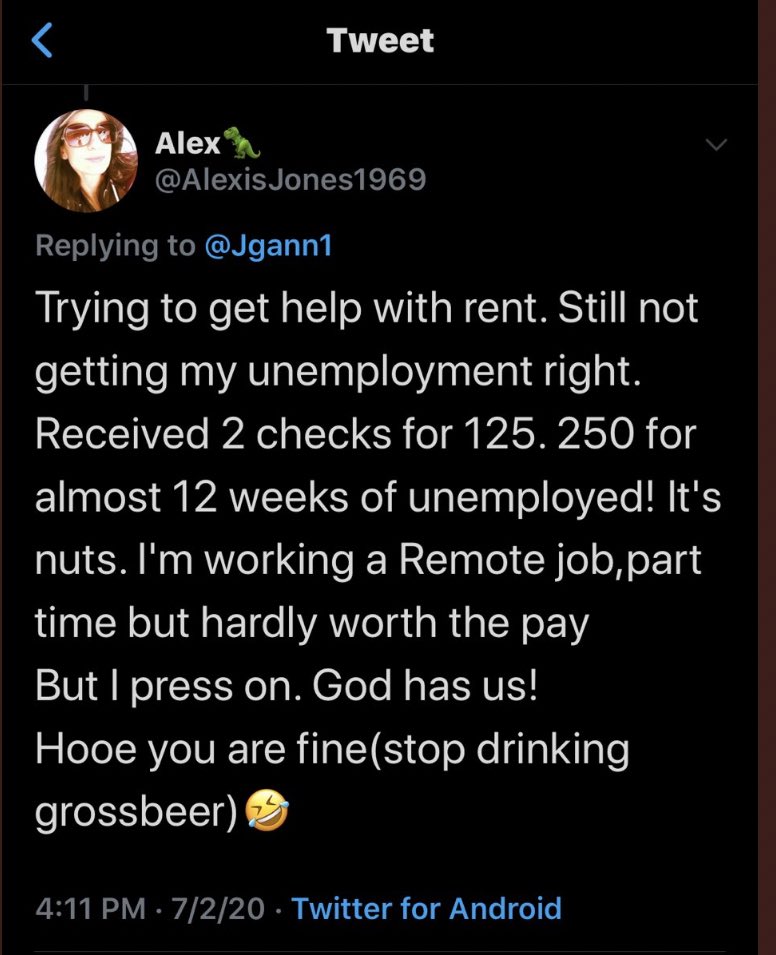 Second. You are contradicting yourself an awful lot through your own tweets. Have you gotten $700+ for unemployment or only $250? Can’t even keep those lies straight...STOP LYING.