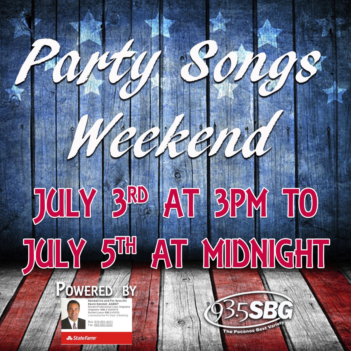 Party Songs Weekend kicks of now!  Be listening all weekend long for your favorite party tunes sponsored by Kevin Kendall - State Farm Agent! 😎