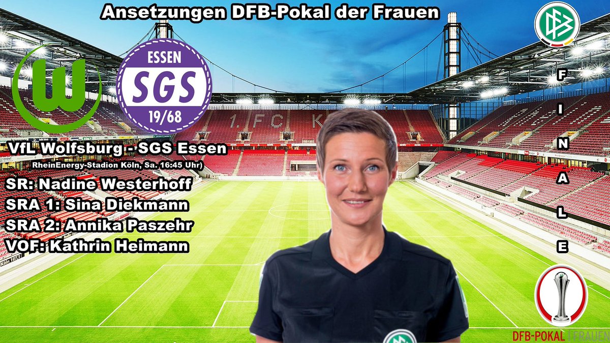 IgSchiri's tweet photo. Schiedsrichterin Nadine #Westerhoff aus Castrop-Rauxel leitet am Samstag (ab 16:45 Uhr, live in der #Sportschau) das Finale im @DFB_Pokal der Frauen zwischen dem @VfLWob_Frauen und der @SGSEssen.
Viel Erfolg! 😘 #DFBMädels 🌹 #DFBLadys 💐 #DFBSchiris 🍀⚽ #WOBSGS https://t.co/yMr5RvrgiU